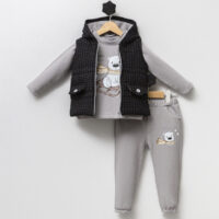 ست 3 تیکه خرس و سورتمه جلیقه دار طوسی