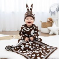 ست بافت نوزادی 3 تیکه طرح گاوی قهوه ای سفید ترک