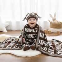 ست بافت نوزادی 3 تیکه طرح میو miu سفید قهوه ای ترک